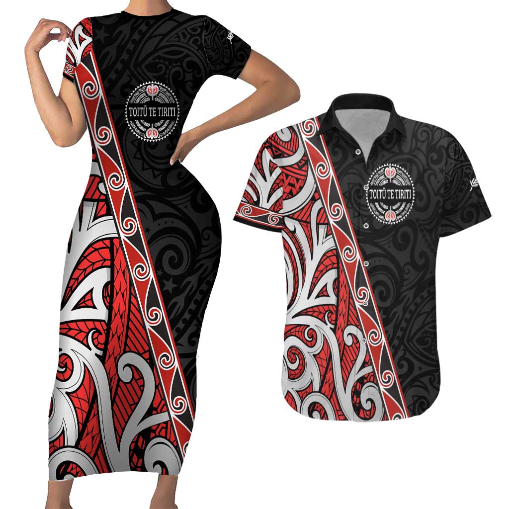 Aotearoa Toitu Te Tiriti Couples Matching Short Sleeve Bodycon Dress and Hawaiian Shirt Honour The Treaty New Zealand LT01 Black - Polynesian Pride