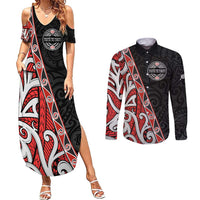 Aotearoa Toitu Te Tiriti Couples Matching Summer Maxi Dress and Long Sleeve Button Shirt Honour The Treaty New Zealand LT01 Black - Polynesian Pride