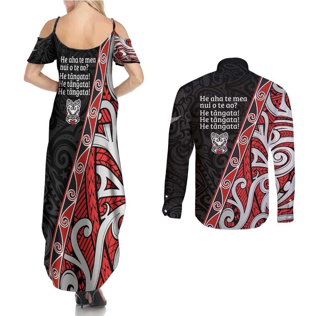 Aotearoa Toitu Te Tiriti Couples Matching Summer Maxi Dress and Long Sleeve Button Shirt Honour The Treaty New Zealand LT01 - Polynesian Pride