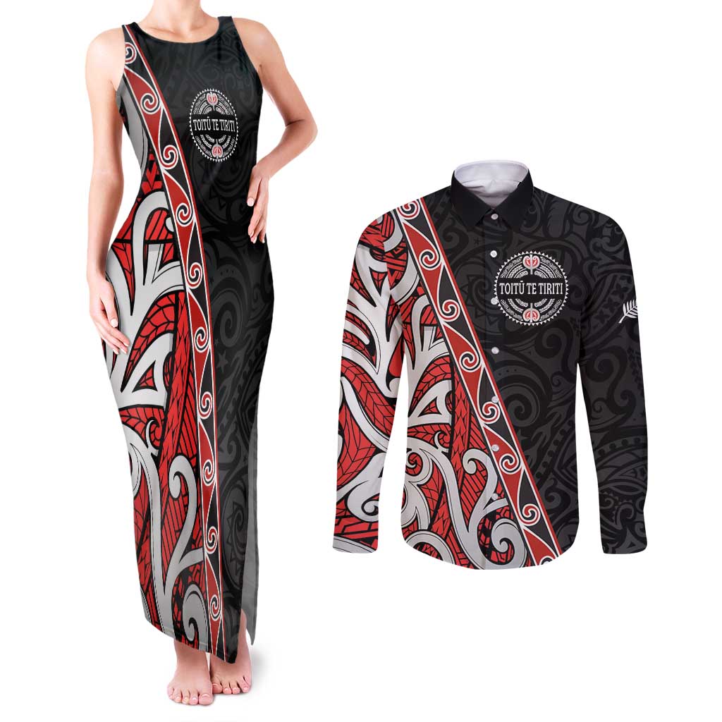 Aotearoa Toitu Te Tiriti Couples Matching Tank Maxi Dress and Long Sleeve Button Shirt Honour The Treaty New Zealand LT01 Black - Polynesian Pride