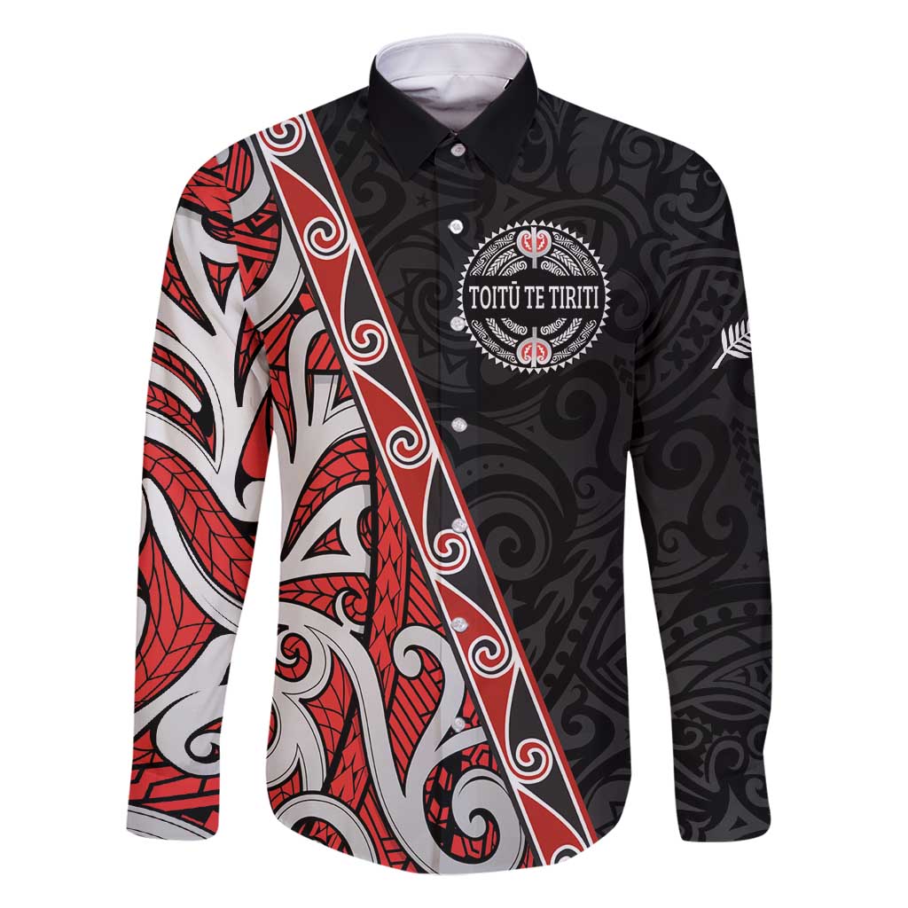 Aotearoa Toitu Te Tiriti Family Matching Long Sleeve Bodycon Dress and Hawaiian Shirt Honour The Treaty New Zealand LT01 Dad's Shirt - Long Sleeve Black - Polynesian Pride