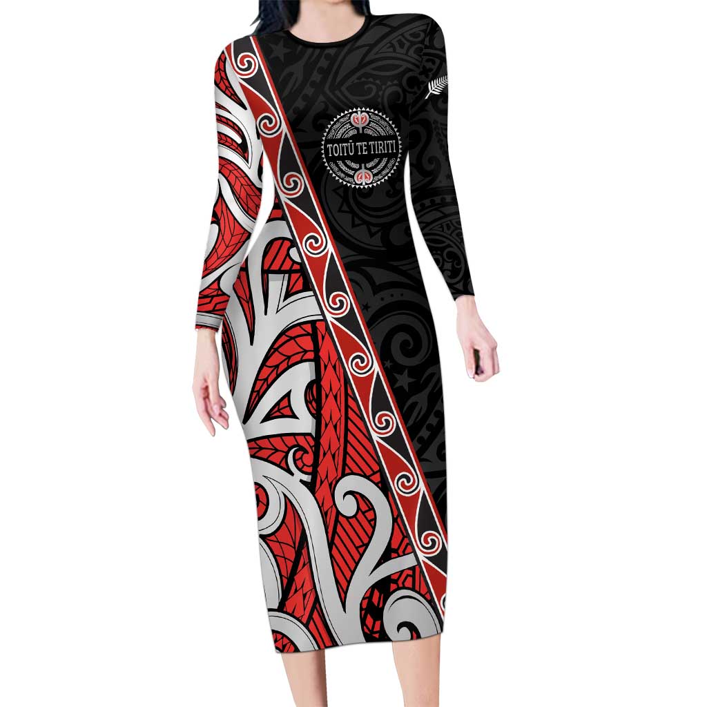 Aotearoa Toitu Te Tiriti Family Matching Long Sleeve Bodycon Dress and Hawaiian Shirt Honour The Treaty New Zealand LT01 Mom's Dress Black - Polynesian Pride