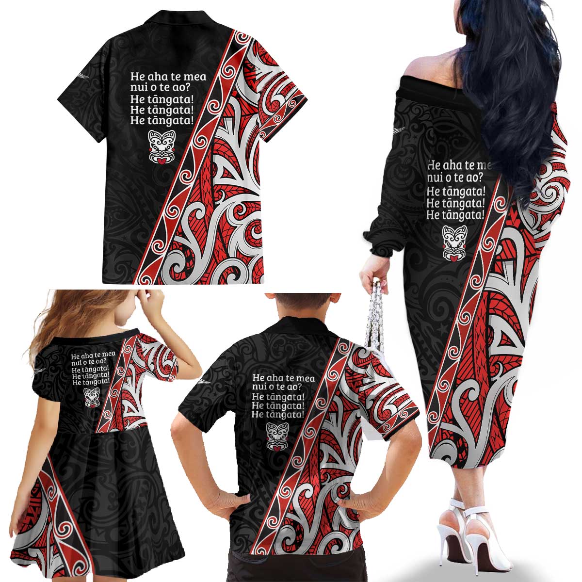 Aotearoa Toitu Te Tiriti Family Matching Off The Shoulder Long Sleeve Dress and Hawaiian Shirt Honour The Treaty New Zealand LT01 - Polynesian Pride