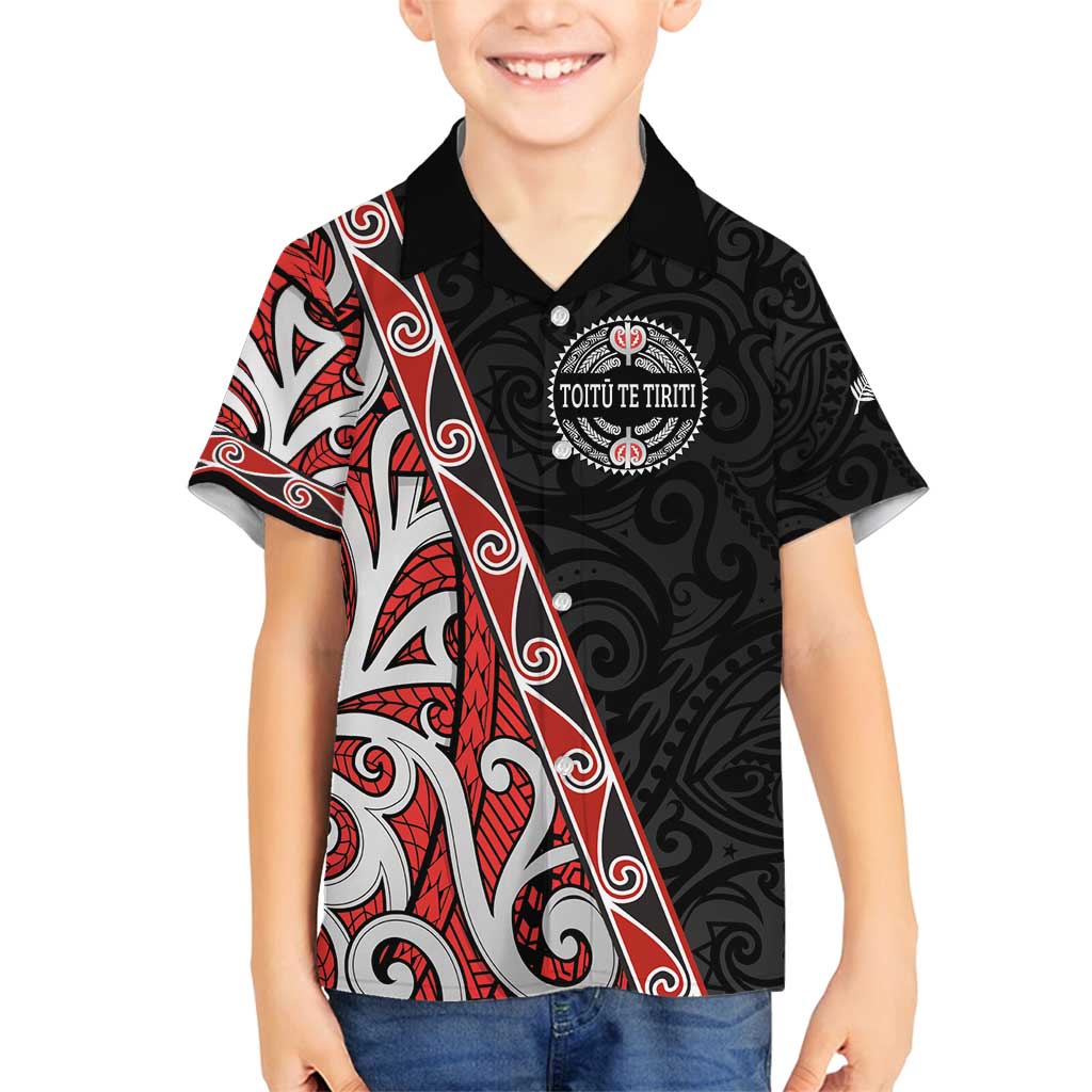 Aotearoa Toitu Te Tiriti Family Matching Off Shoulder Maxi Dress and Hawaiian Shirt Honour The Treaty New Zealand LT01 Son's Shirt Black - Polynesian Pride