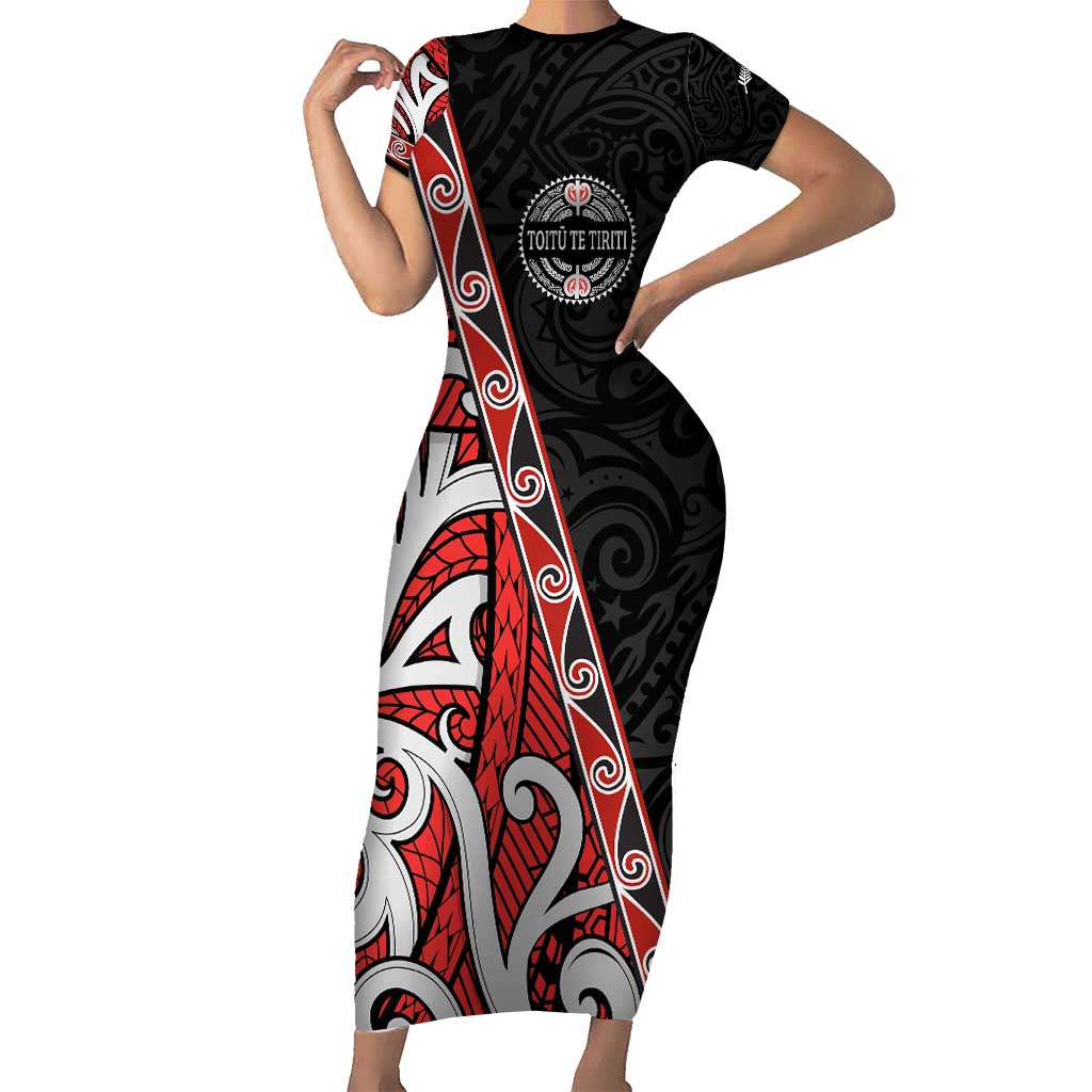Aotearoa Toitu Te Tiriti Family Matching Short Sleeve Bodycon Dress and Hawaiian Shirt Honour The Treaty New Zealand LT01 Mom's Dress Black - Polynesian Pride