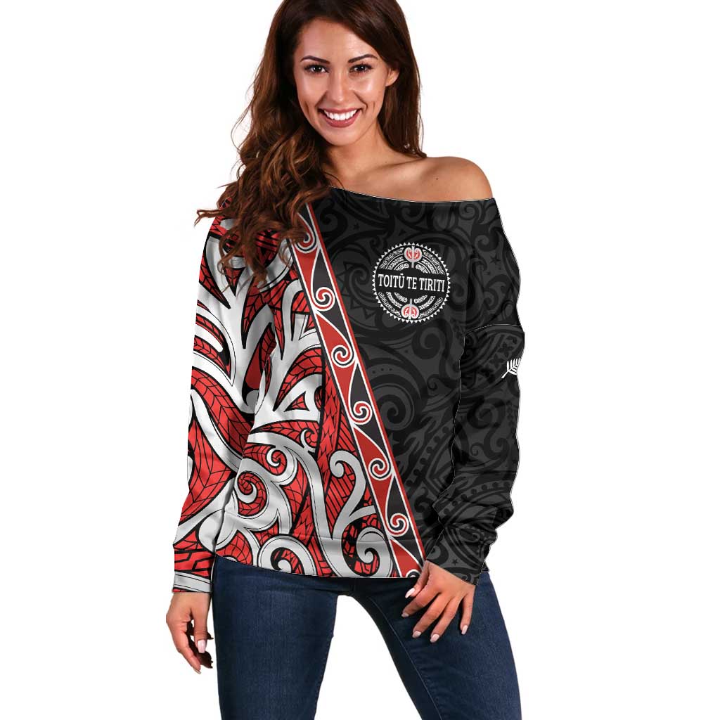 Aotearoa Toitu Te Tiriti Off Shoulder Sweater Honour The Treaty New Zealand LT01 Women Black - Polynesian Pride