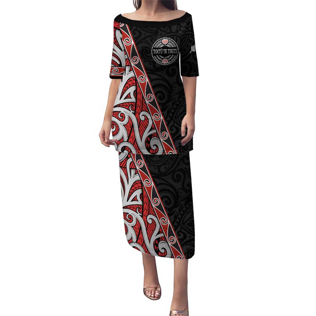 Aotearoa Toitu Te Tiriti Puletasi Honour The Treaty New Zealand LT01 Long Dress Black - Polynesian Pride