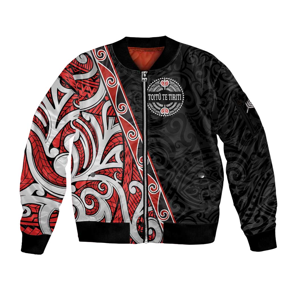 Aotearoa Toitu Te Tiriti Sleeve Zip Bomber Jacket Honour The Treaty New Zealand LT01 Unisex Black - Polynesian Pride