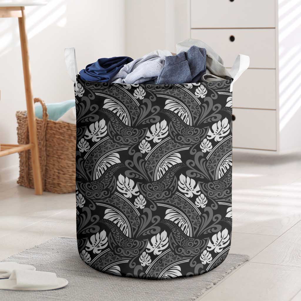 Grayscale Monstera Laundry Basket Polynesian Tribal Pattern LT01 Black - Polynesian Pride