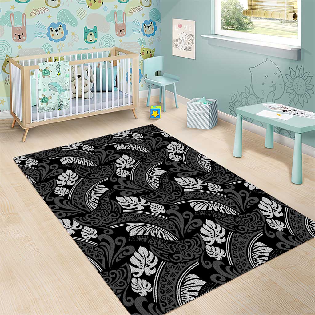 Grayscale Monstera Area Rug Polynesian Tribal Pattern - Polynesian Pride