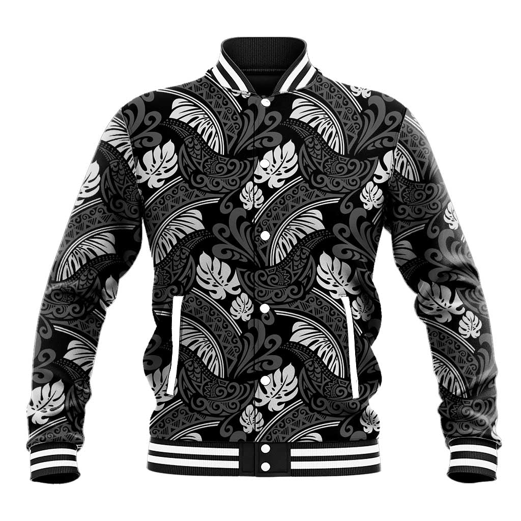 Grayscale Monstera Baseball Jacket Polynesian Tribal Pattern LT01 Unisex Black - Polynesian Pride
