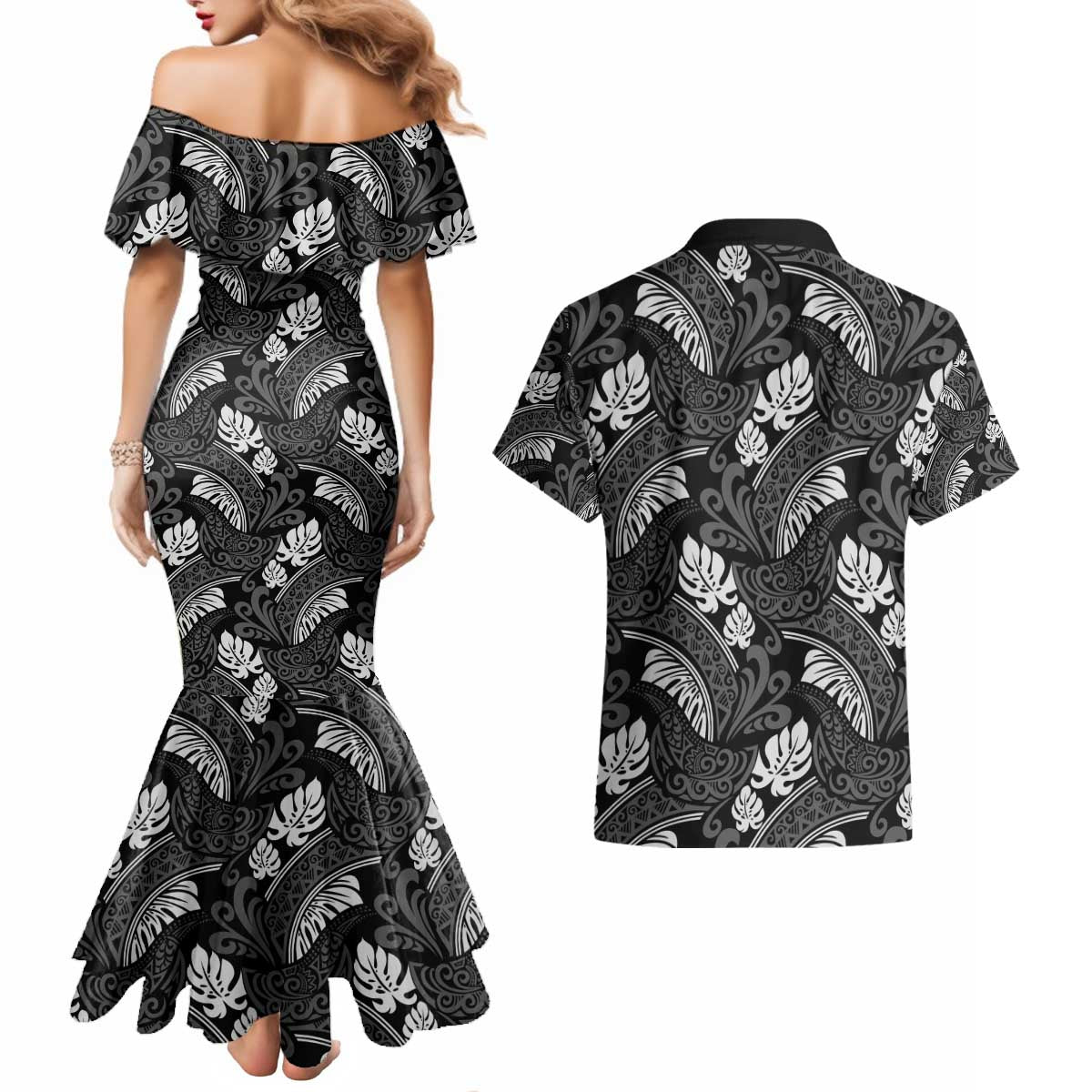 Grayscale Monstera Couples Matching Mermaid Dress and Hawaiian Shirt Polynesian Tribal Pattern LT01 - Polynesian Pride