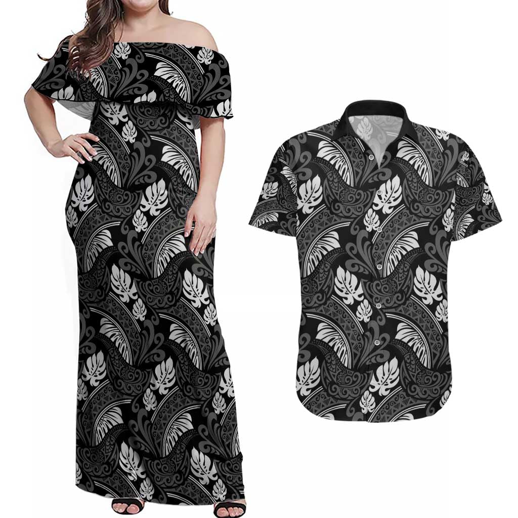 Grayscale Monstera Couples Matching Off Shoulder Maxi Dress and Hawaiian Shirt Polynesian Tribal Pattern LT01 Black - Polynesian Pride