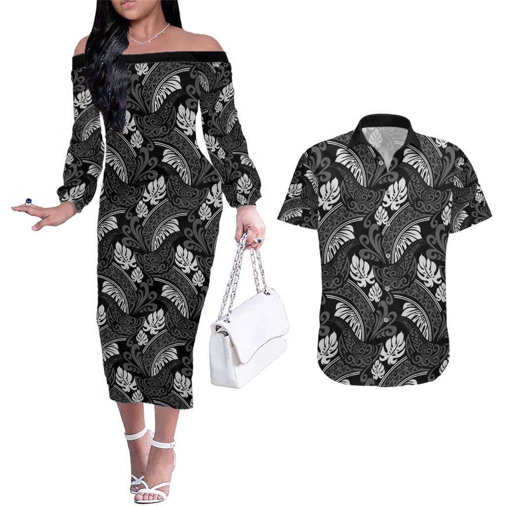 Grayscale Monstera Couples Matching Off The Shoulder Long Sleeve Dress and Hawaiian Shirt Polynesian Tribal Pattern LT01 Black - Polynesian Pride