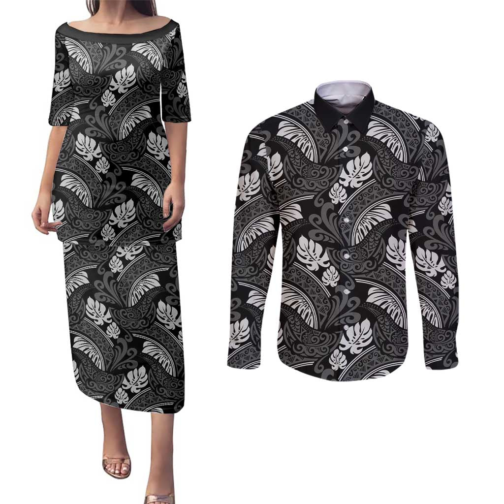 Grayscale Monstera Couples Matching Puletasi and Long Sleeve Button Shirt Polynesian Tribal Pattern LT01 Black - Polynesian Pride