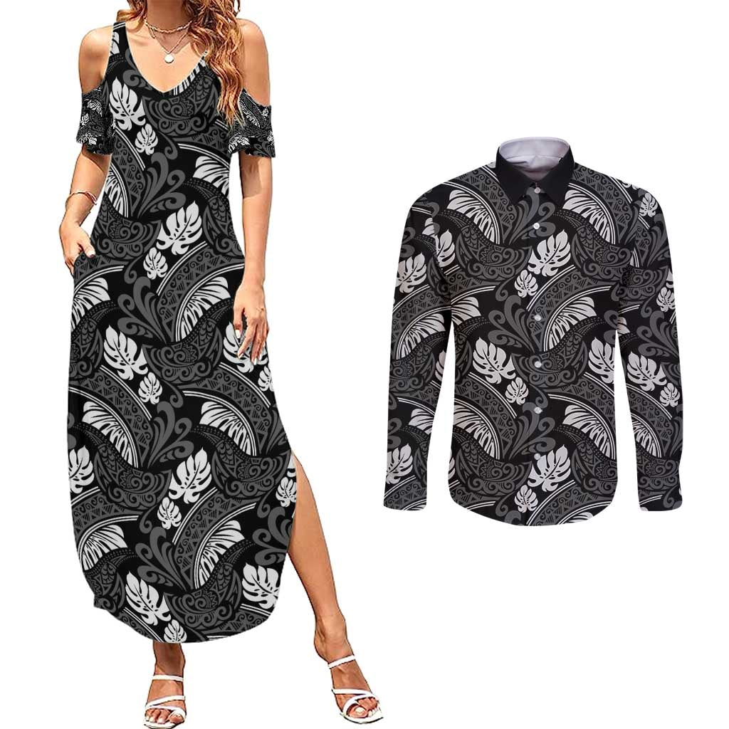 Grayscale Monstera Couples Matching Summer Maxi Dress and Long Sleeve Button Shirt Polynesian Tribal Pattern LT01 Black - Polynesian Pride