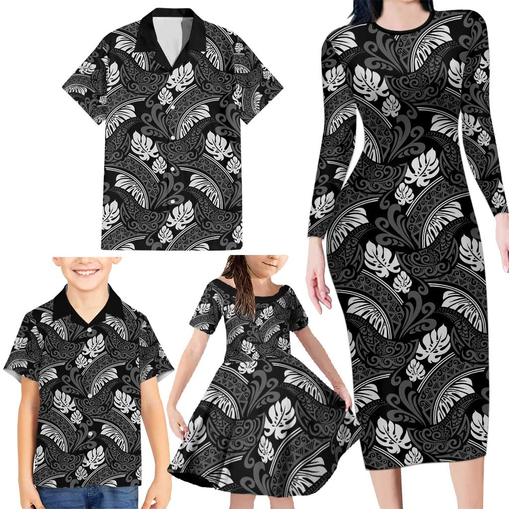Grayscale Monstera Family Matching Long Sleeve Bodycon Dress and Hawaiian Shirt Polynesian Tribal Pattern LT01 - Polynesian Pride