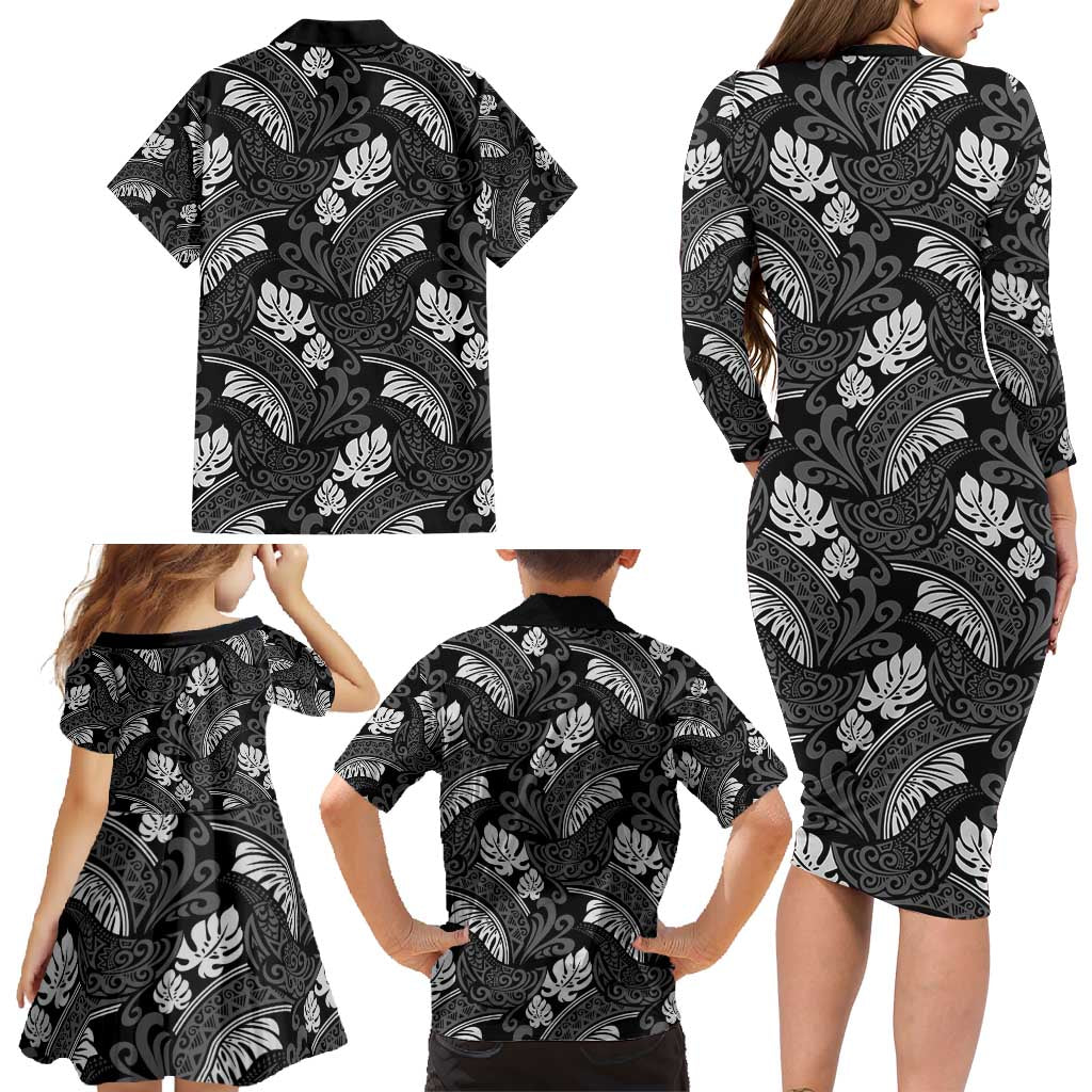 Grayscale Monstera Family Matching Long Sleeve Bodycon Dress and Hawaiian Shirt Polynesian Tribal Pattern LT01 - Polynesian Pride