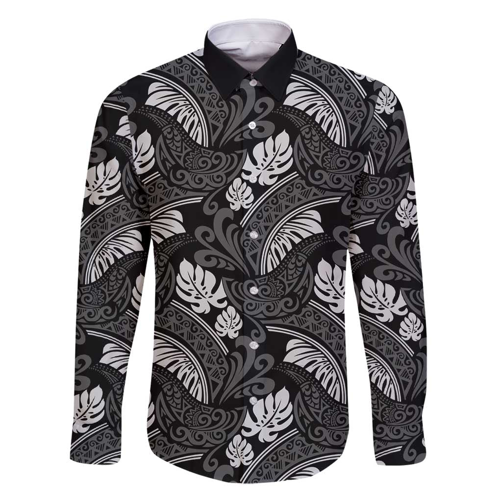 Grayscale Monstera Family Matching Long Sleeve Bodycon Dress and Hawaiian Shirt Polynesian Tribal Pattern LT01 Dad's Shirt - Long Sleeve Black - Polynesian Pride