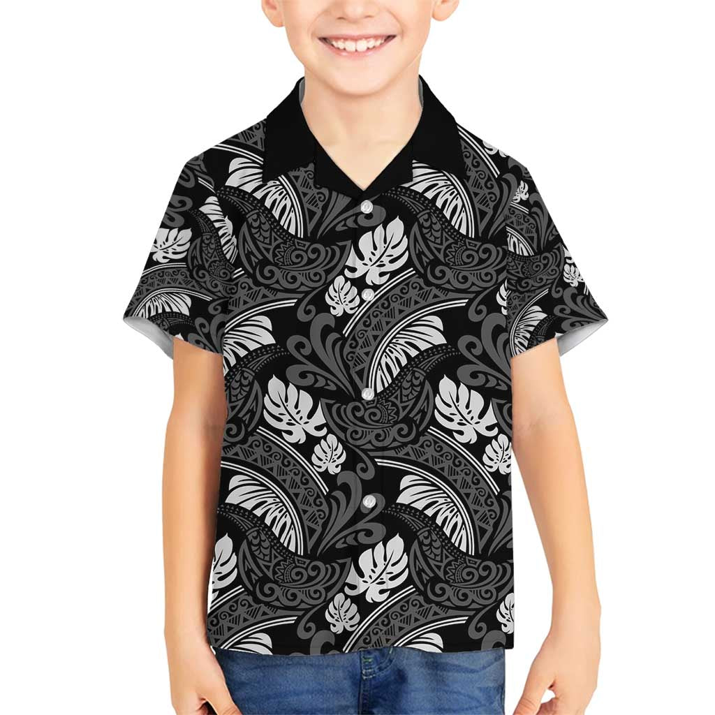 Grayscale Monstera Family Matching Long Sleeve Bodycon Dress and Hawaiian Shirt Polynesian Tribal Pattern LT01 Son's Shirt Black - Polynesian Pride