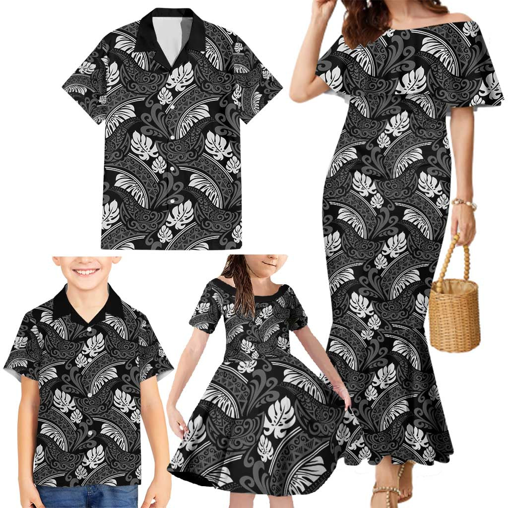 Grayscale Monstera Family Matching Mermaid Dress and Hawaiian Shirt Polynesian Tribal Pattern LT01 - Polynesian Pride