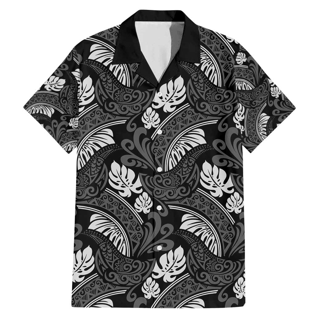 Grayscale Monstera Family Matching Mermaid Dress and Hawaiian Shirt Polynesian Tribal Pattern LT01 Dad's Shirt - Short Sleeve Black - Polynesian Pride