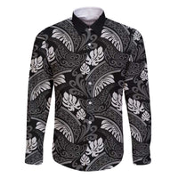 Grayscale Monstera Family Matching Off The Shoulder Long Sleeve Dress and Hawaiian Shirt Polynesian Tribal Pattern LT01 Dad's Shirt - Long Sleeve Black - Polynesian Pride