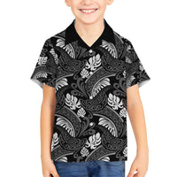 Grayscale Monstera Family Matching Off Shoulder Short Dress and Hawaiian Shirt Polynesian Tribal Pattern - Polynesian Pride
