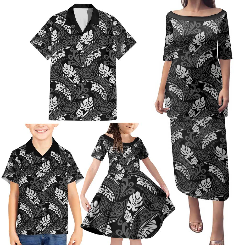 Grayscale Monstera Family Matching Puletasi and Hawaiian Shirt Polynesian Tribal Pattern LT01 - Polynesian Pride