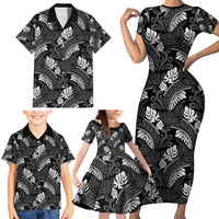 Grayscale Monstera Family Matching Short Sleeve Bodycon Dress and Hawaiian Shirt Polynesian Tribal Pattern LT01 - Polynesian Pride