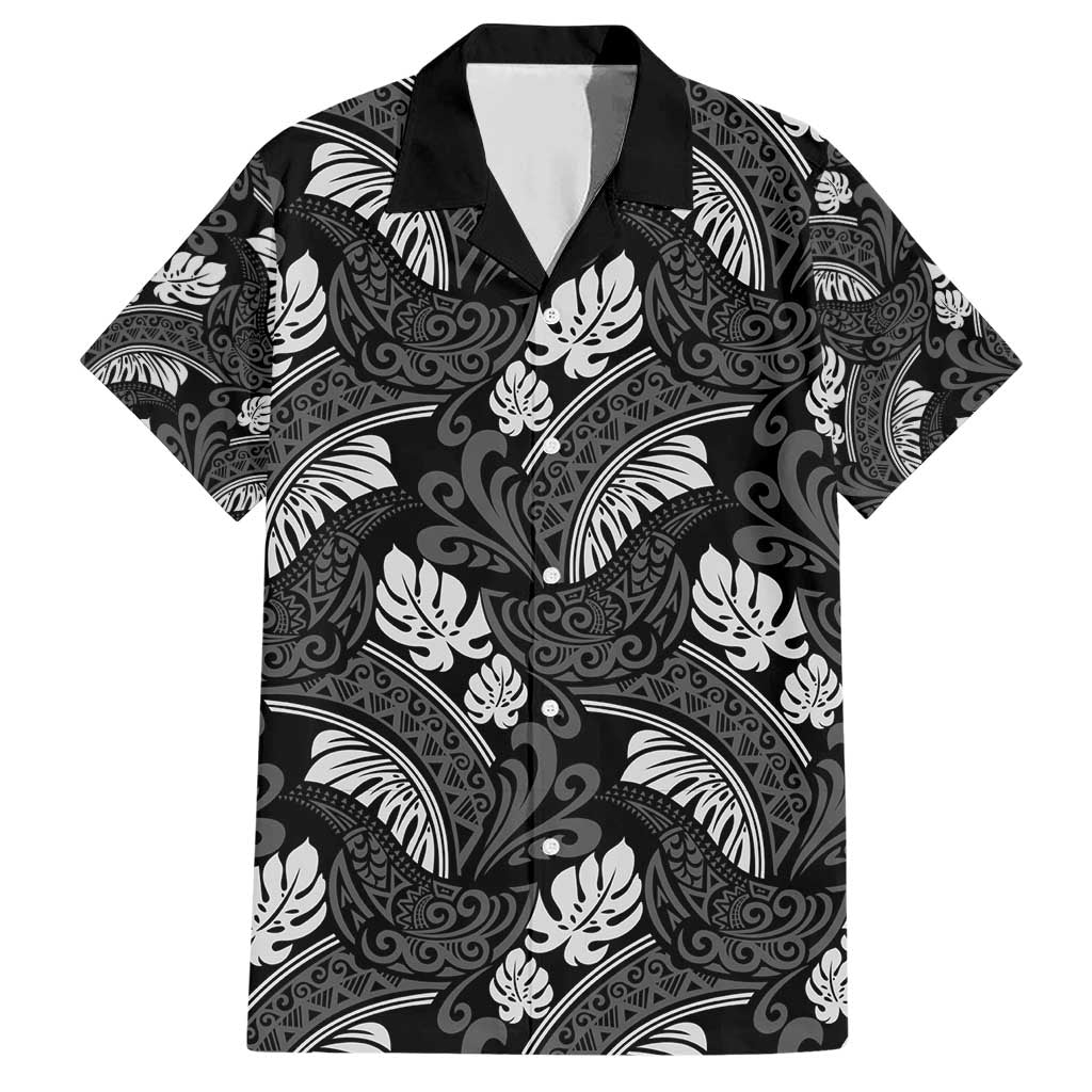 Grayscale Monstera Family Matching Short Sleeve Bodycon Dress and Hawaiian Shirt Polynesian Tribal Pattern LT01 Dad's Shirt - Short Sleeve Black - Polynesian Pride