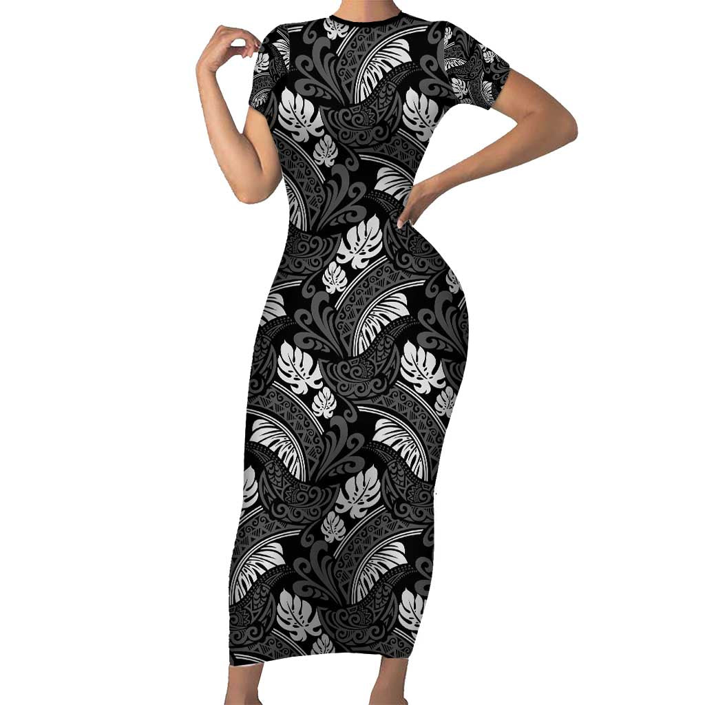 Grayscale Monstera Family Matching Short Sleeve Bodycon Dress and Hawaiian Shirt Polynesian Tribal Pattern LT01 Mom's Dress Black - Polynesian Pride