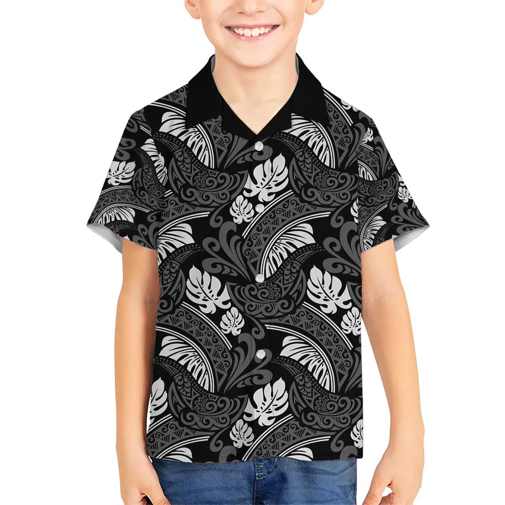 Grayscale Monstera Family Matching Short Sleeve Bodycon Dress and Hawaiian Shirt Polynesian Tribal Pattern LT01 Son's Shirt Black - Polynesian Pride