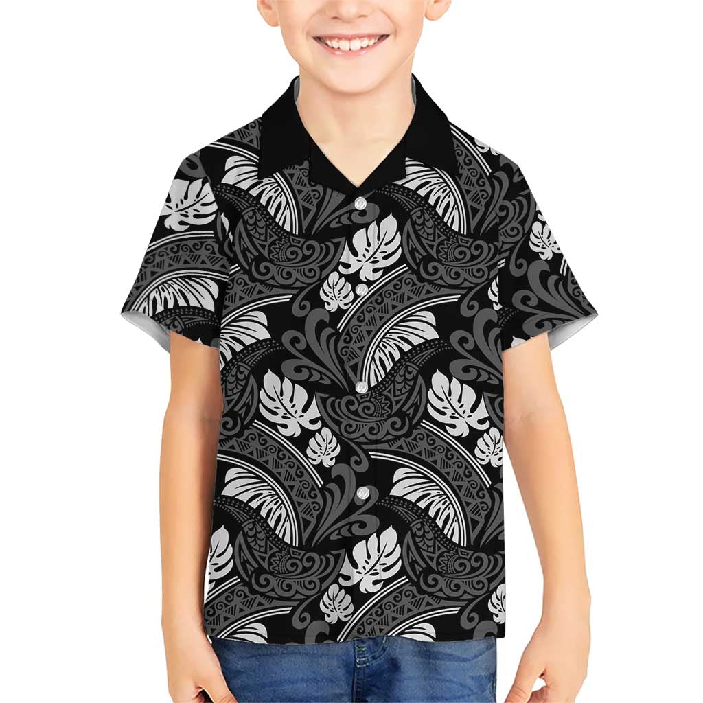 Grayscale Monstera Kid Hawaiian Shirt Polynesian Tribal Pattern LT01 Kid Black - Polynesian Pride