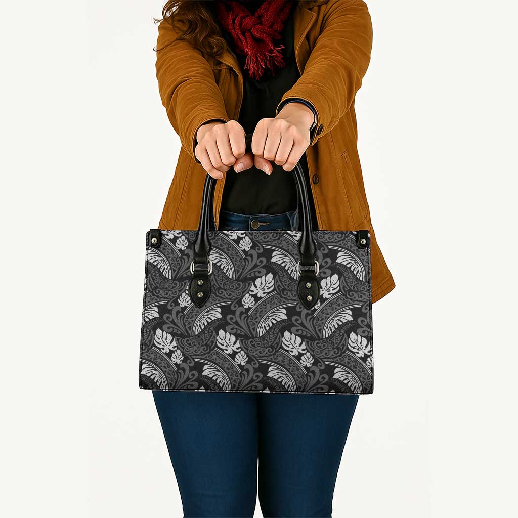 Grayscale Monstera Leather Bag Polynesian Tribal Pattern - Polynesian Pride