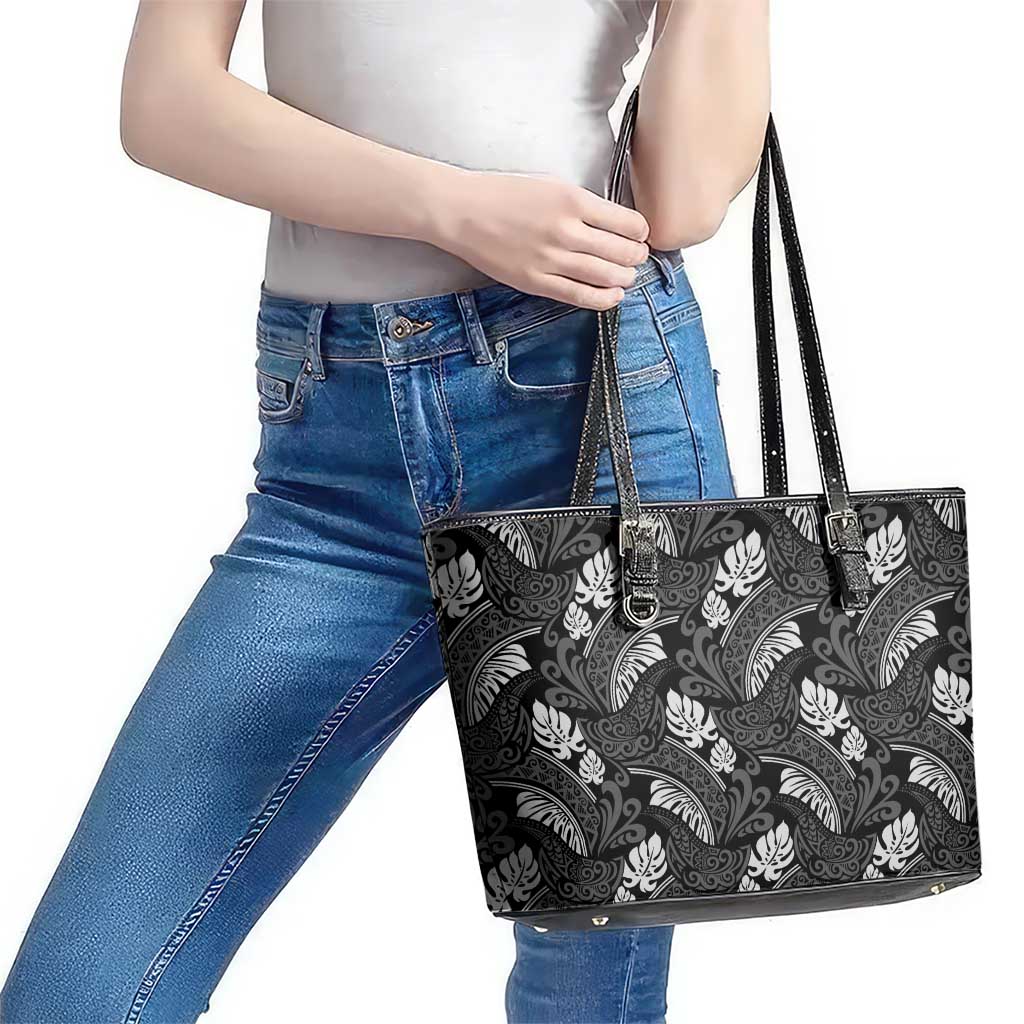 Grayscale Monstera Leather Tote Bag Polynesian Tribal Pattern - Polynesian Pride