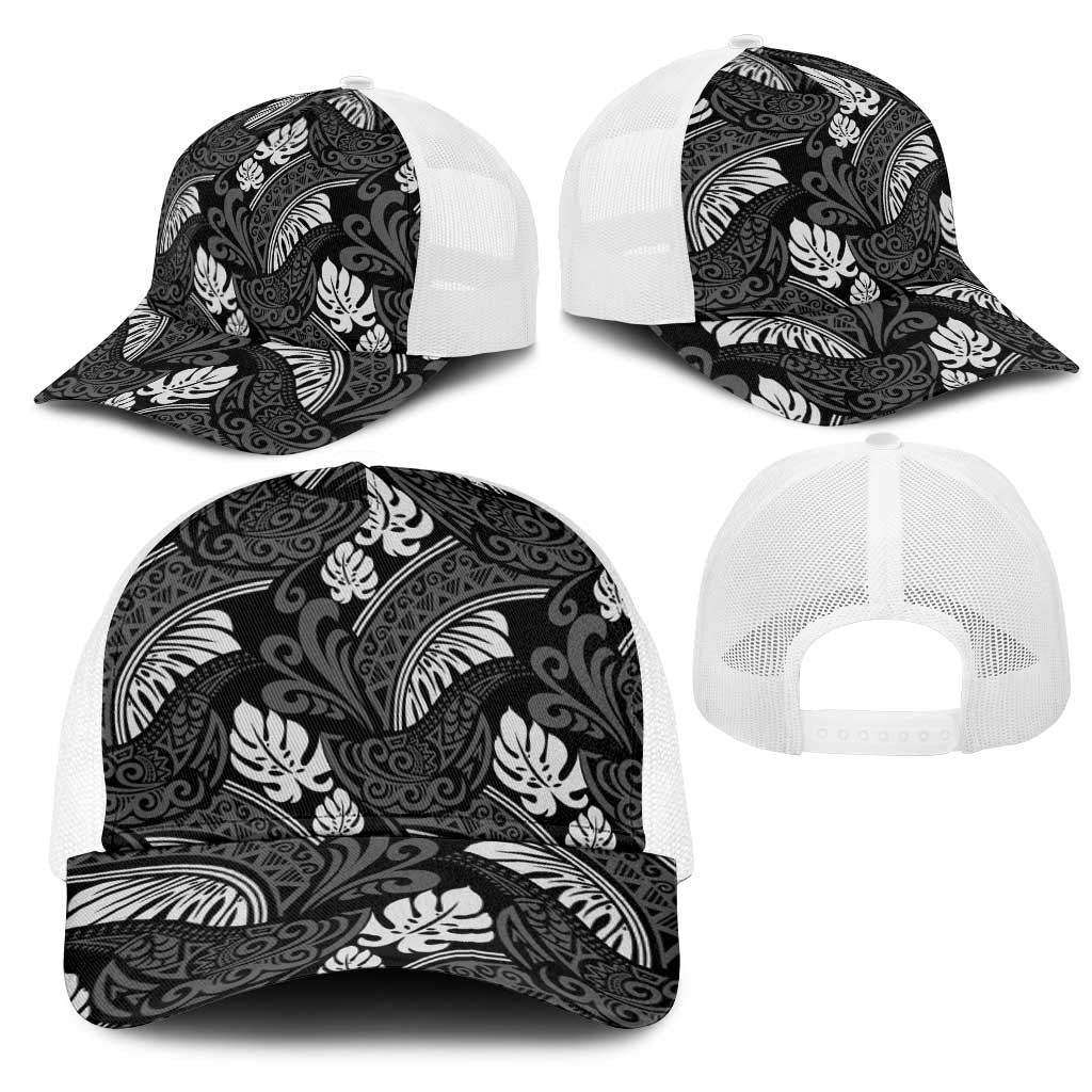 Grayscale Monstera Mesh Trucker Cap Polynesian Tribal Pattern - Polynesian Pride
