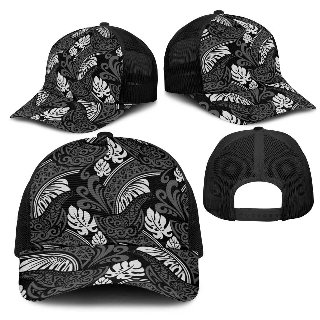 Grayscale Monstera Mesh Trucker Cap Polynesian Tribal Pattern - Polynesian Pride