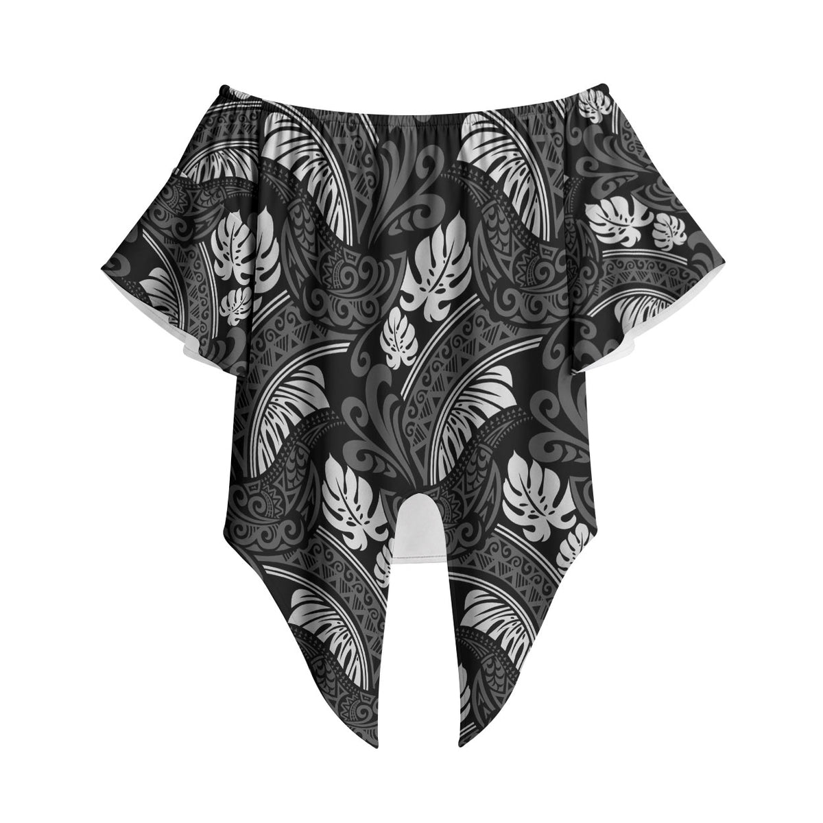 Grayscale Monstera Off Shoulder Wrap Waist Top Polynesian Tribal Pattern LT01 Black - Polynesian Pride