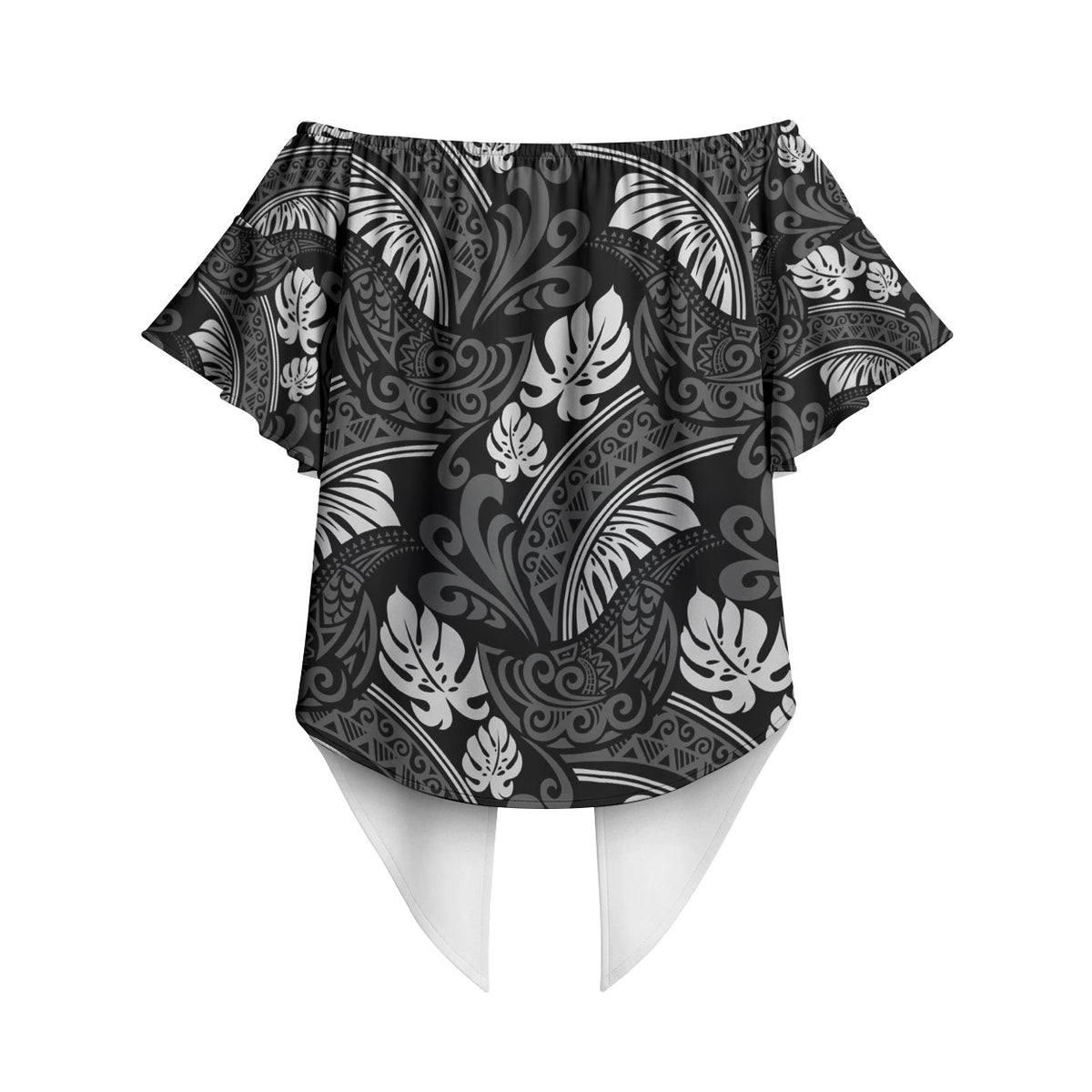 Grayscale Monstera Off Shoulder Wrap Waist Top Polynesian Tribal Pattern LT01 - Polynesian Pride