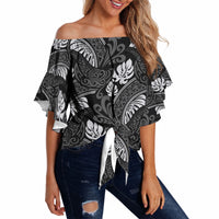 Grayscale Monstera Off Shoulder Wrap Waist Top Polynesian Tribal Pattern LT01 - Polynesian Pride