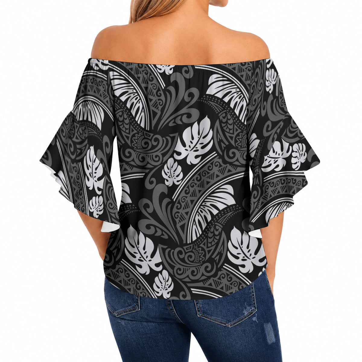 Grayscale Monstera Off Shoulder Wrap Waist Top Polynesian Tribal Pattern LT01 - Polynesian Pride