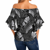 Grayscale Monstera Off Shoulder Wrap Waist Top Polynesian Tribal Pattern LT01 - Polynesian Pride