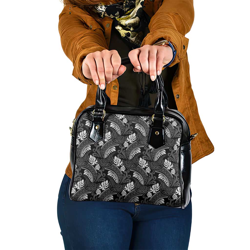 Grayscale Monstera Shoulder Handbag Polynesian Tribal Pattern - Polynesian Pride