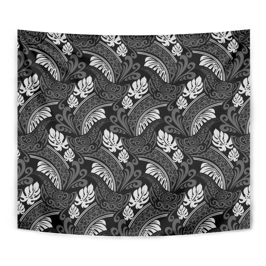Grayscale Monstera Tapestry Polynesian Tribal Pattern - Polynesian Pride
