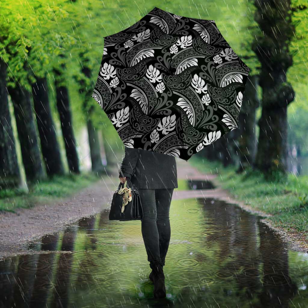 Grayscale Monstera Umbrella Polynesian Tribal Pattern - Polynesian Pride