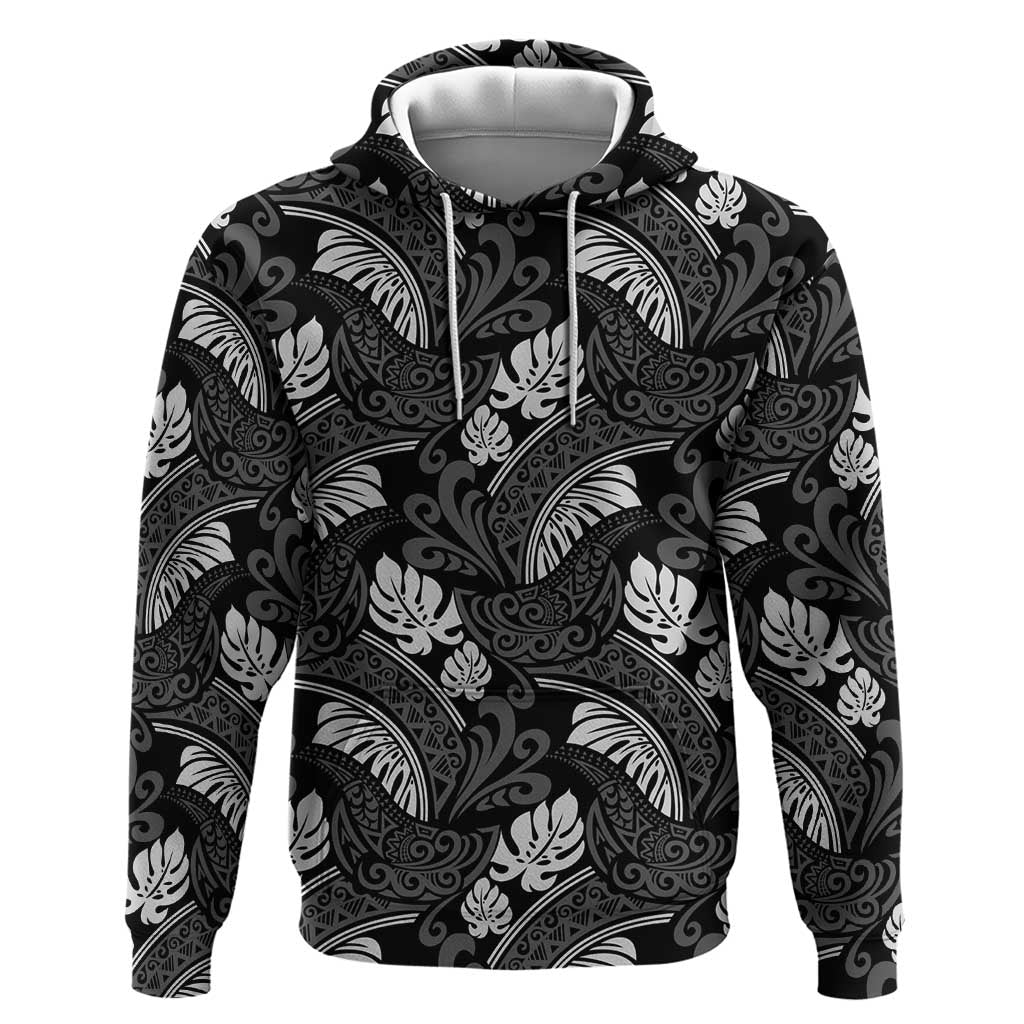 Grayscale Monstera Zip Hoodie Polynesian Tribal Pattern - Polynesian Pride