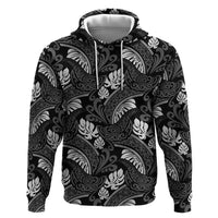 Grayscale Monstera Zip Hoodie Polynesian Tribal Pattern - Polynesian Pride