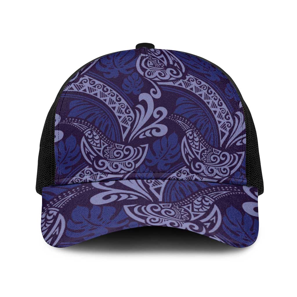 Deep Blue Monstera Baseball Net Cap Polynesian Tribal Pattern - Polynesian Pride