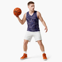 Deep Blue Monstera Basketball Jersey Polynesian Tribal Pattern - Polynesian Pride